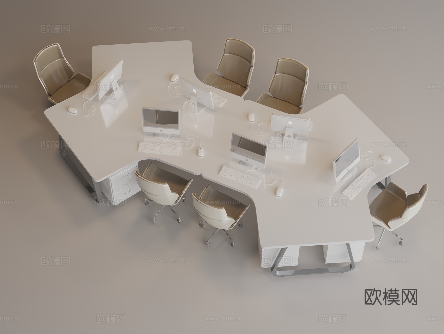 简约办公桌 多人办公桌 转动办公椅 台式电脑 键盘 鼠标 花3d模型
