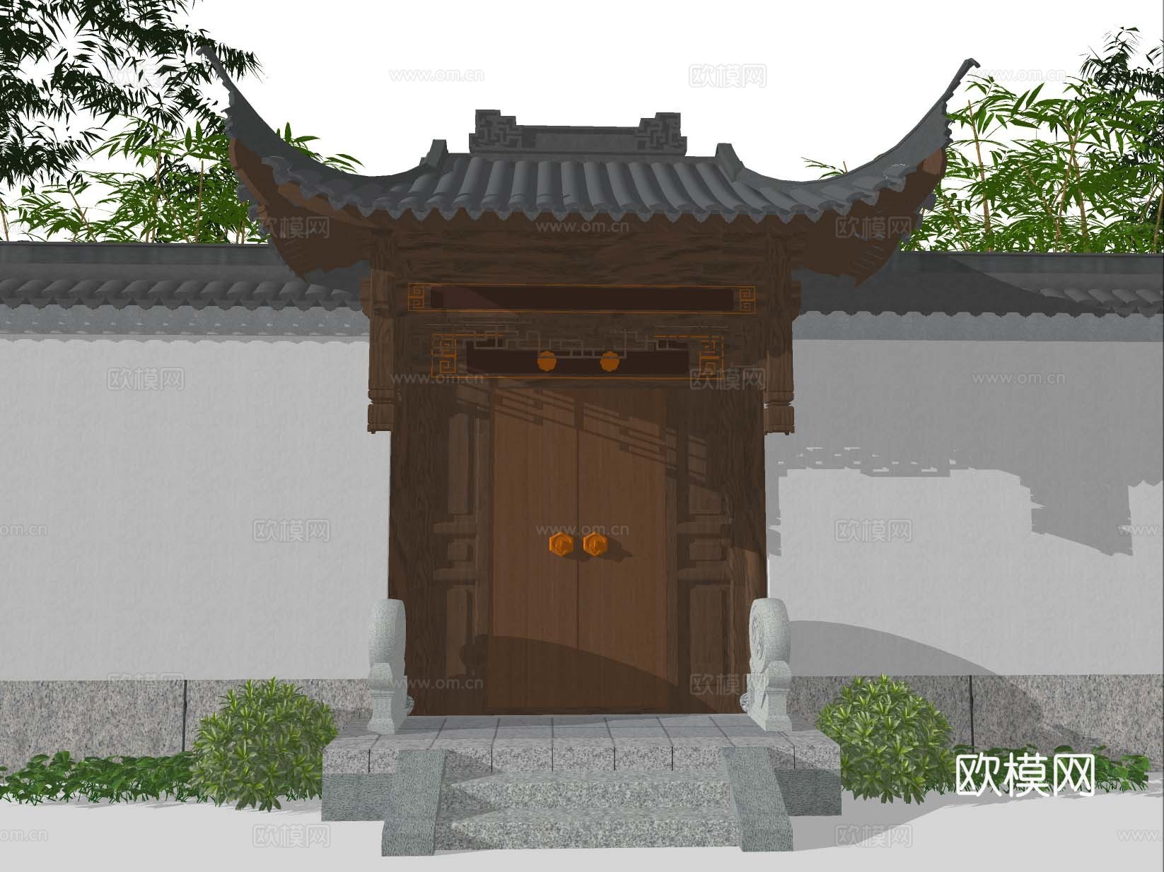 中式门头 中式大门 仪门 新中式别墅大门su模型