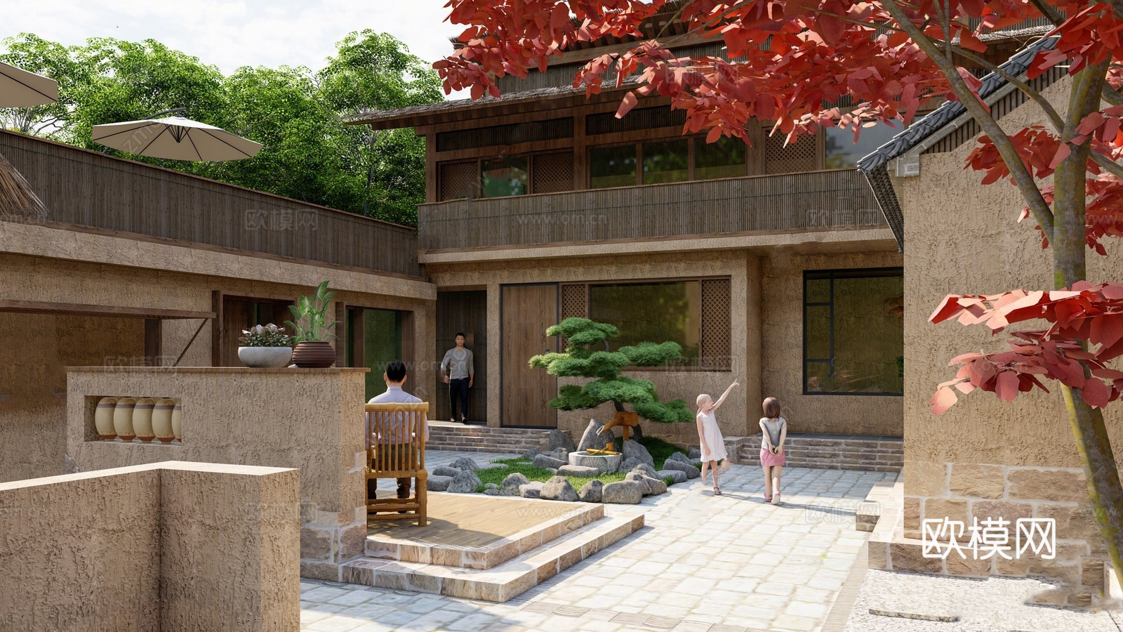 新中式乡村庭院  民宿庭院景观 农家乐 农家餐厅su模型
