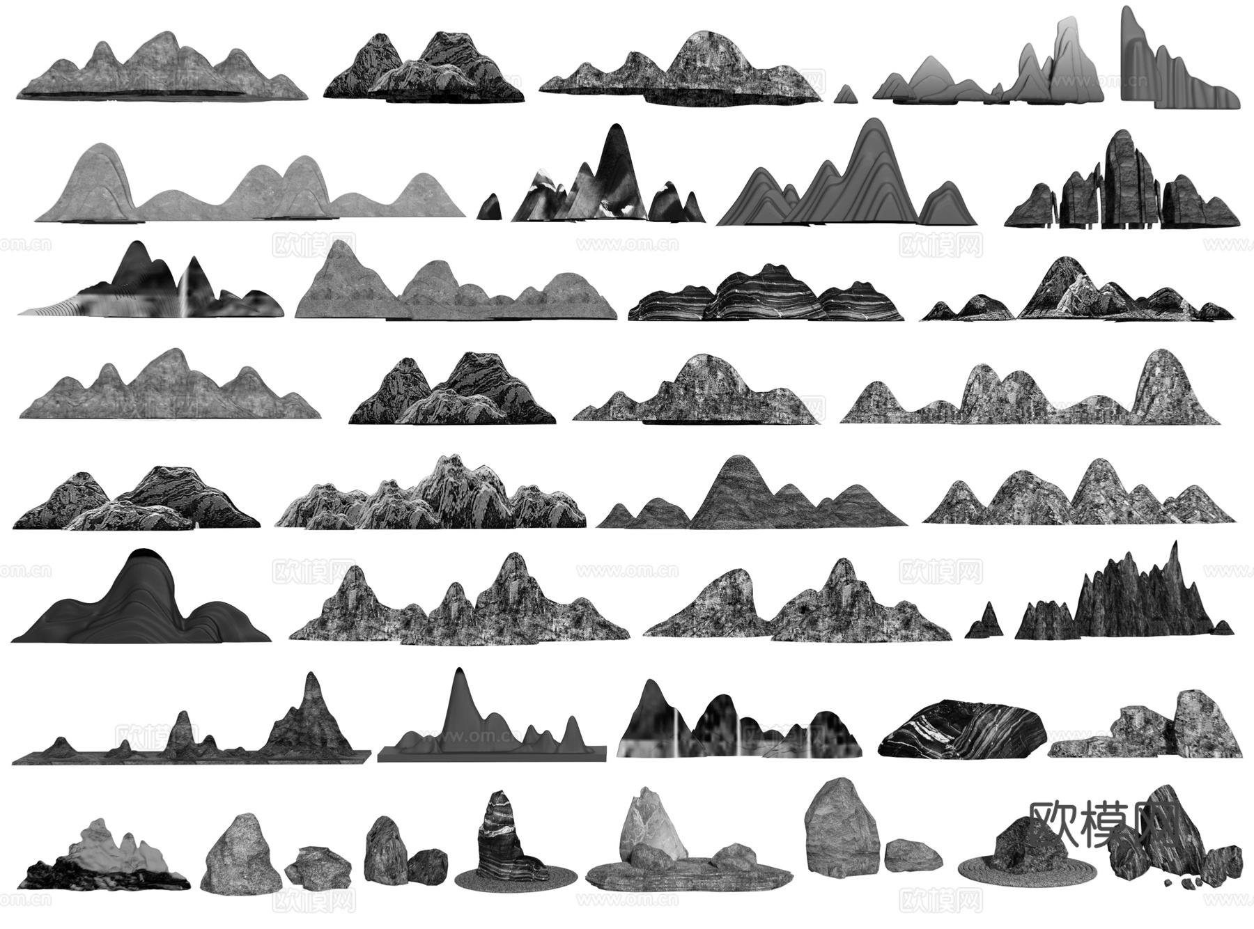新中式假山石头 雪浪石 置石 山形石头 黑山石 景石假山片石3d模型