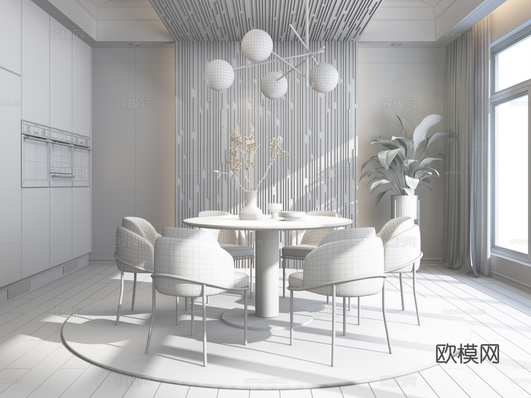 北欧餐厅 餐桌椅 吊灯 植物摆件3d模型