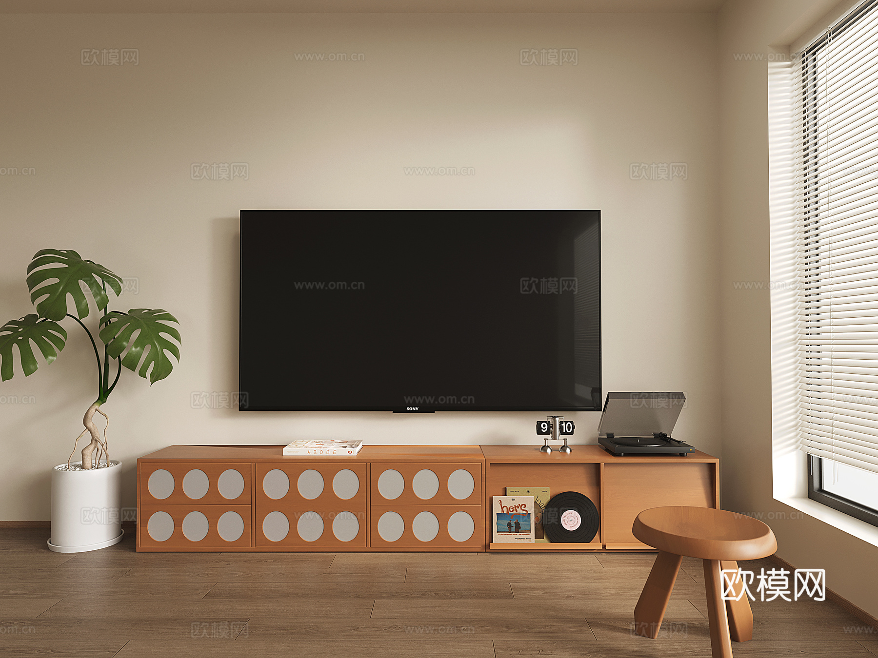 侘寂中古电视柜 落地电视柜 摆件组合 唱片3d模型