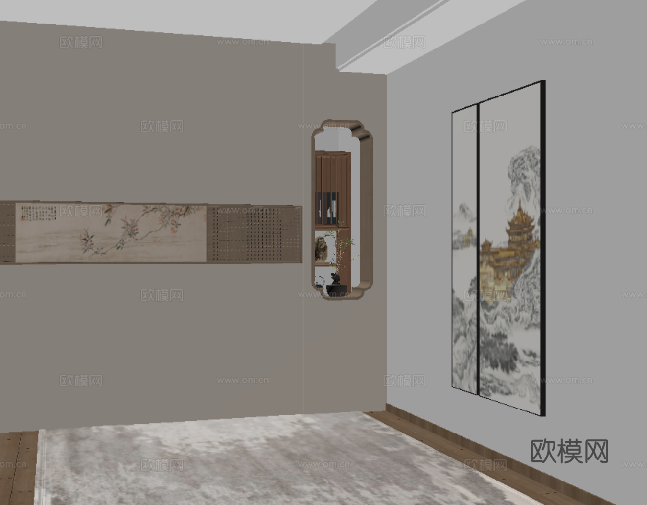 中式玄关隔断 禅意屏风 装饰性屏风 宋式玄关屏风 隔断su模型