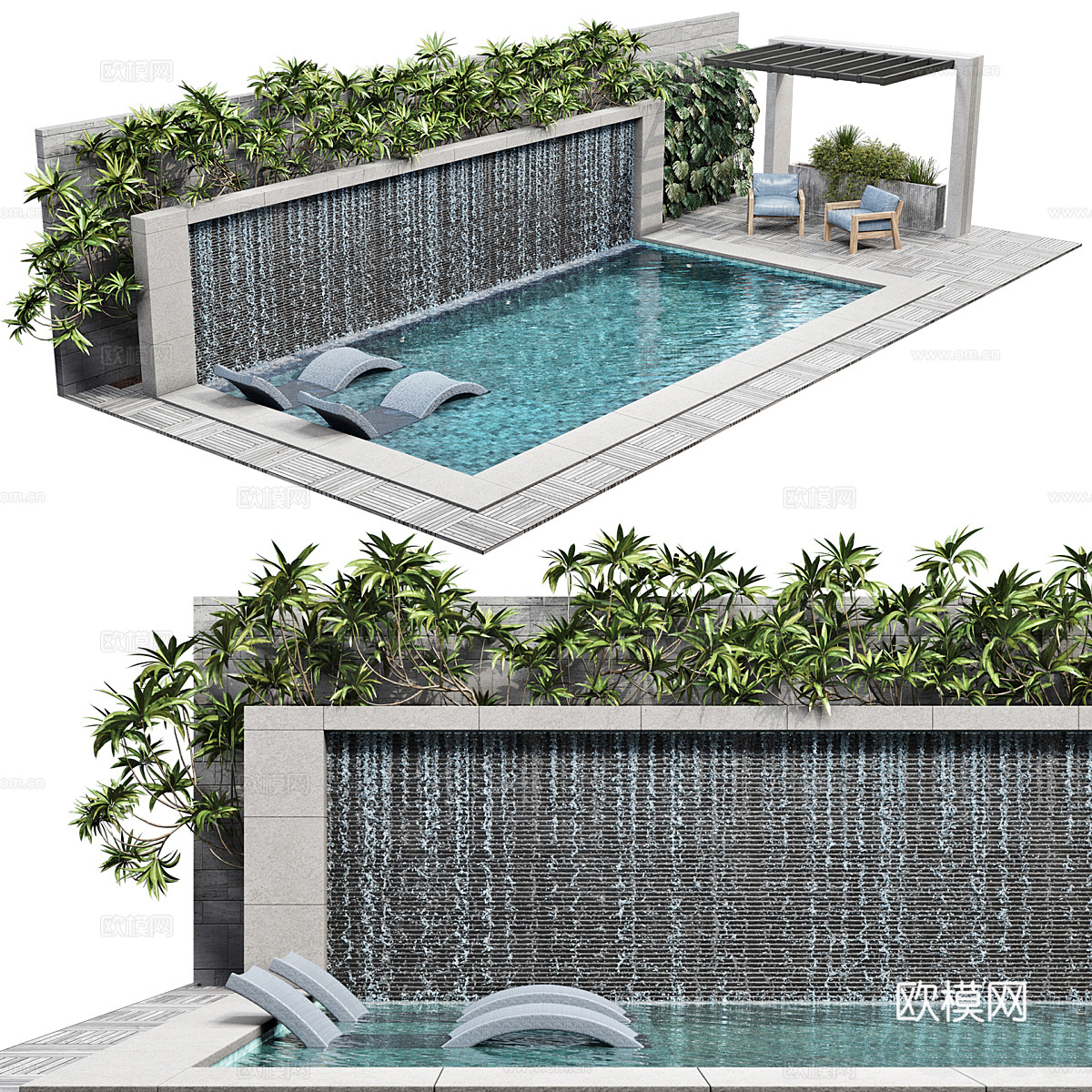 现代意式庭院景观 游泳池3d模型