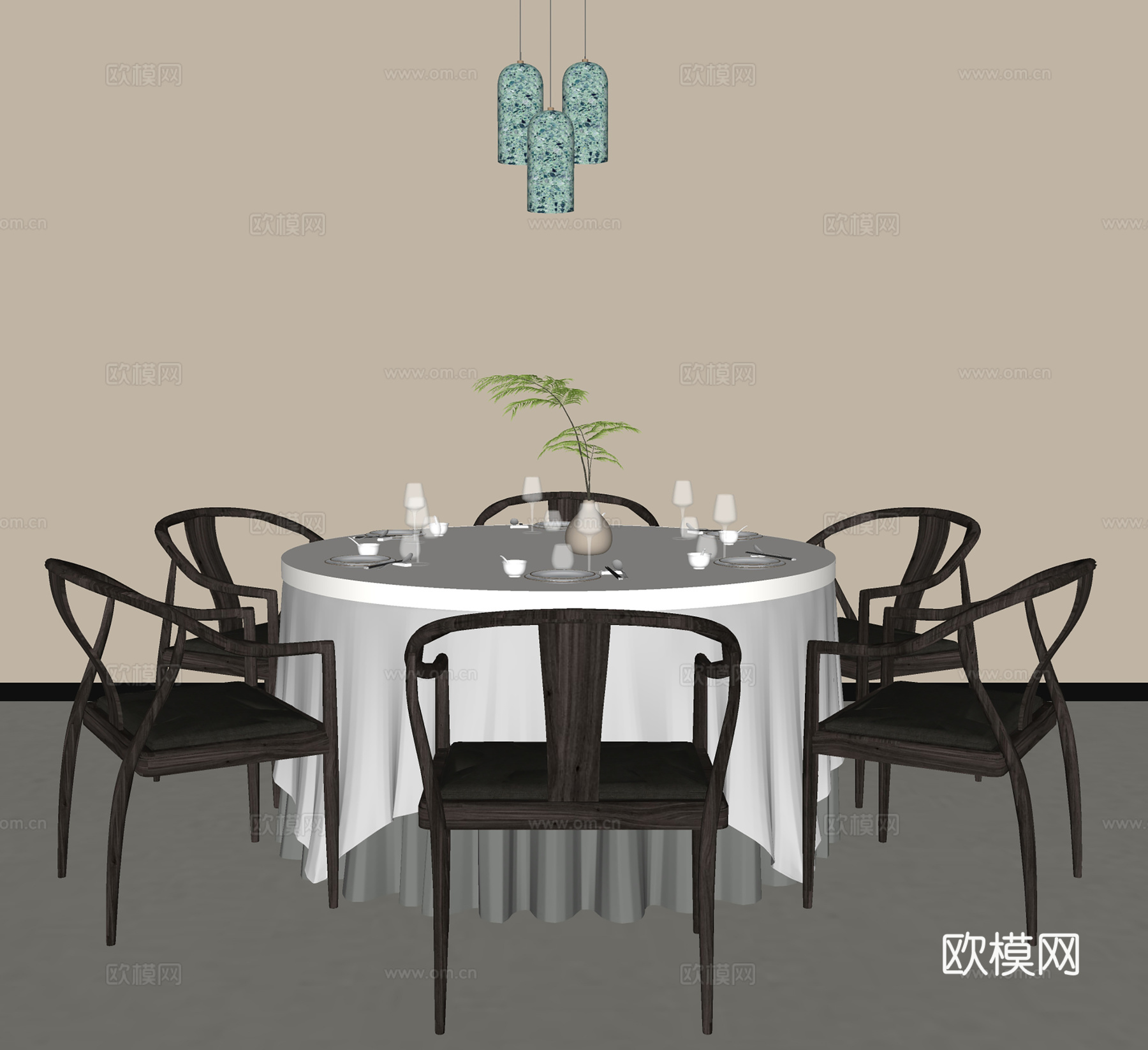 新中式餐桌椅  圆形餐桌 实木休闲单椅 餐具su模型