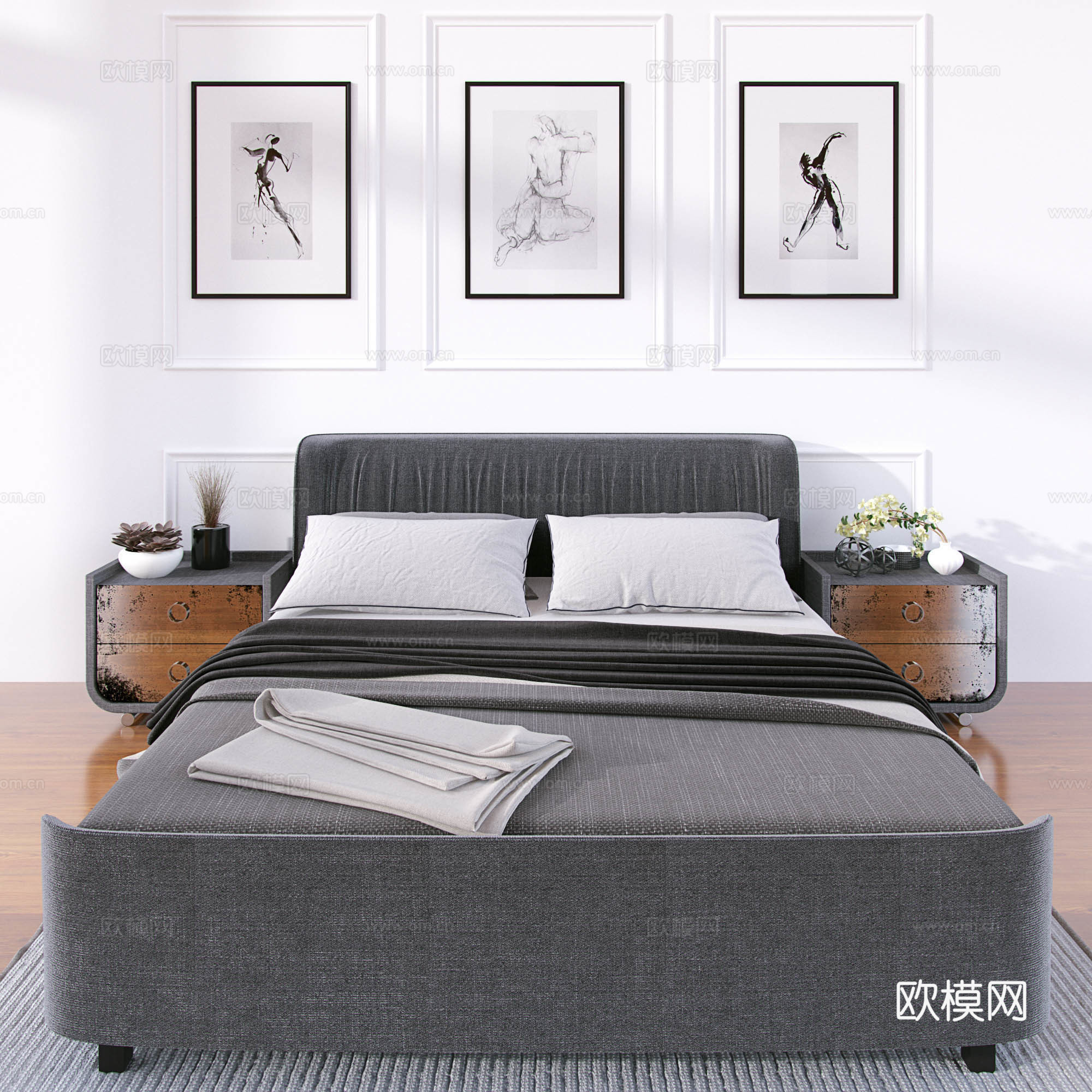 北欧风双人床 床具组合  异形床头柜 挂画组合su模型
