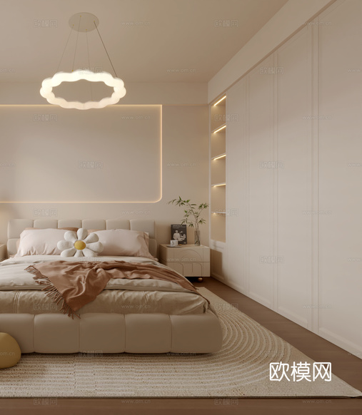 現(xiàn)代奶油風(fēng)臥室3d模型下載(渲染圖2)