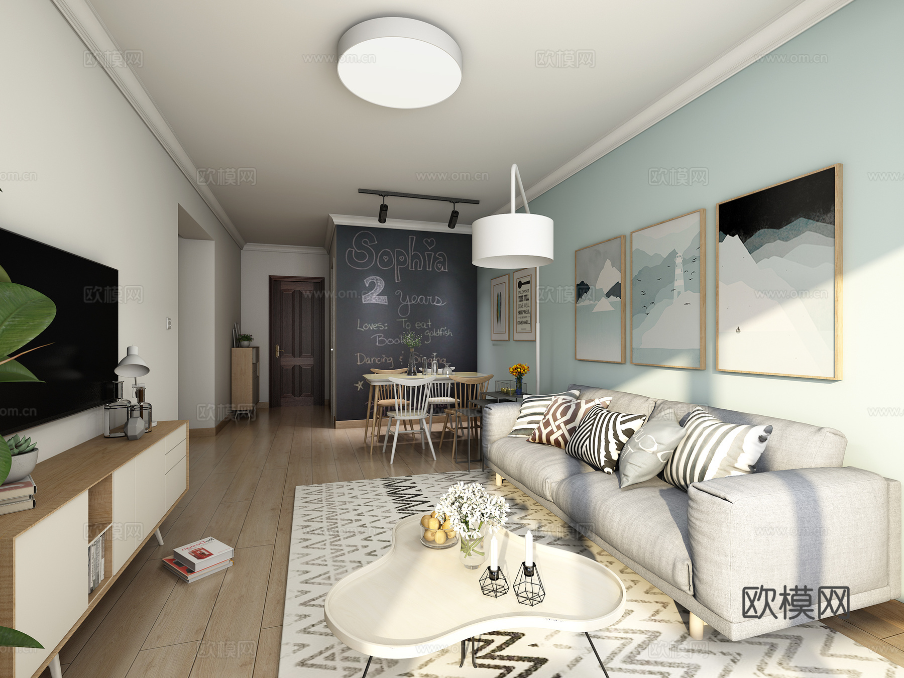 现代简约客厅 沙发茶几 壁灯 挂画  餐桌椅3d模型