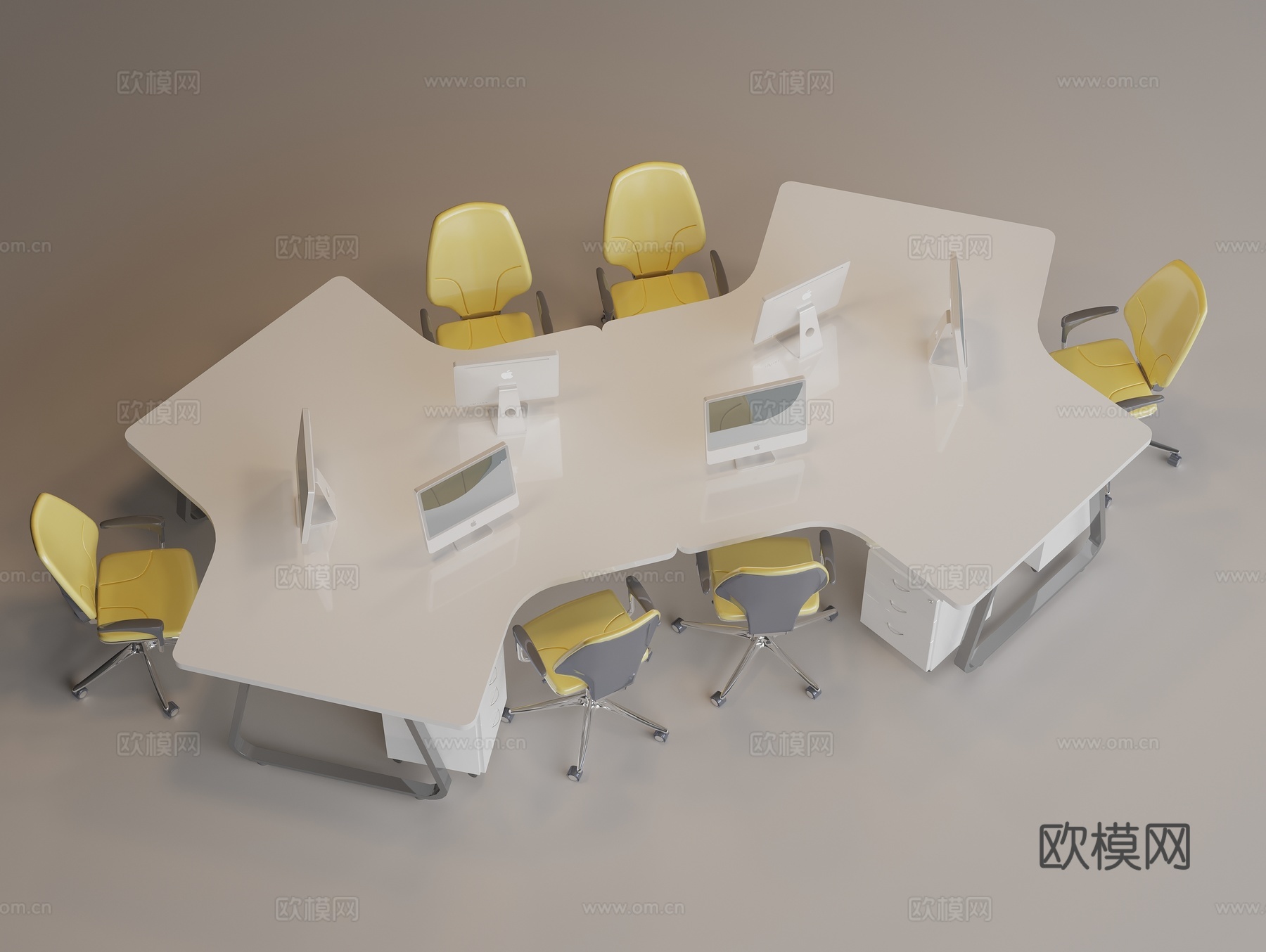 简约办公桌 多人办公桌 转动办公椅 台式电脑 键盘 鼠标 花3d模型