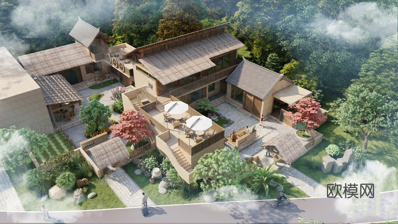 新中式乡村庭院  民宿庭院景观 农家乐 农家餐厅su模型