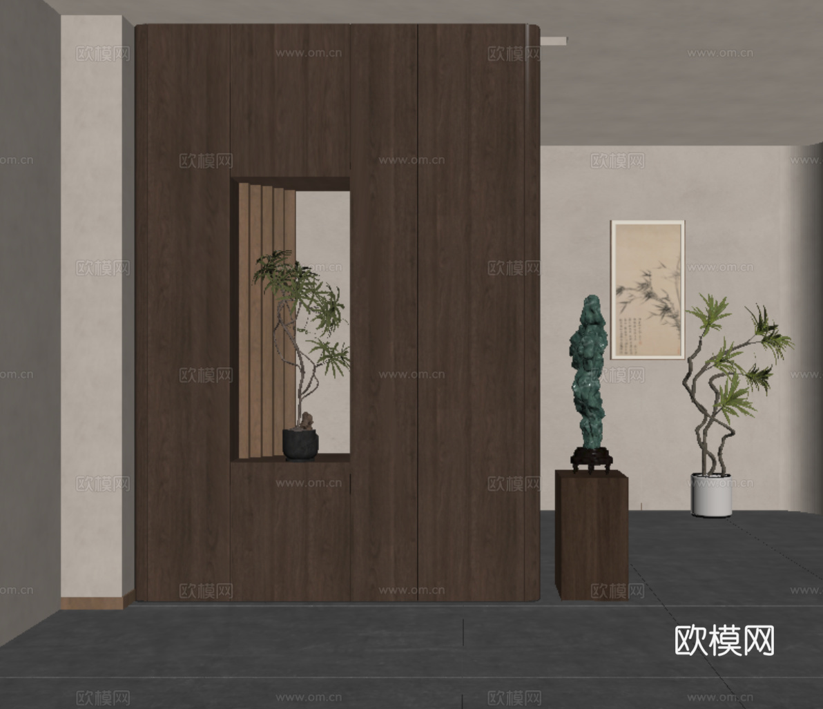 新中式隔断 屏风隔断 玄关隔断  实木隔断su模型