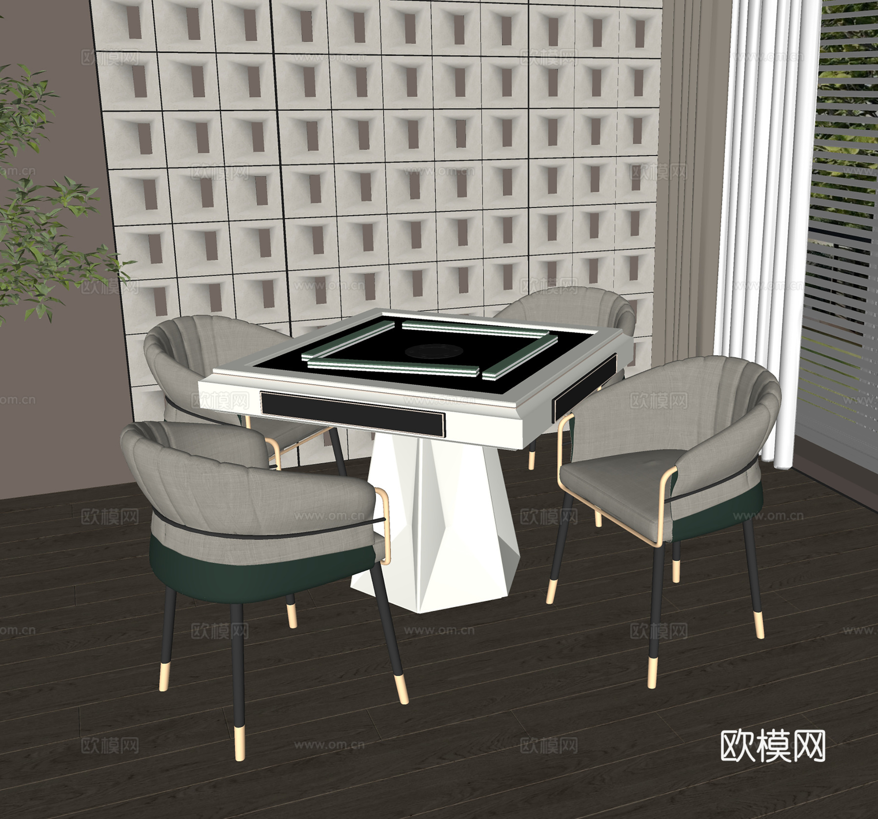 现代麻将桌  娱乐桌 皮椅单椅su模型