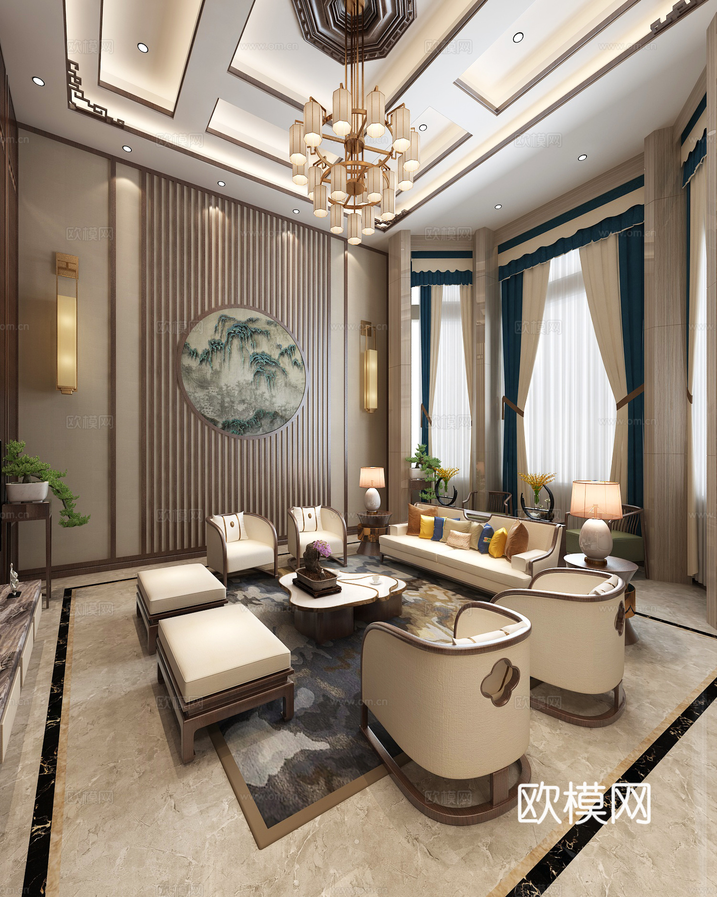 新中式复式客厅 吊灯 背景墙 挂画 沙发 茶几 电视柜3d模型