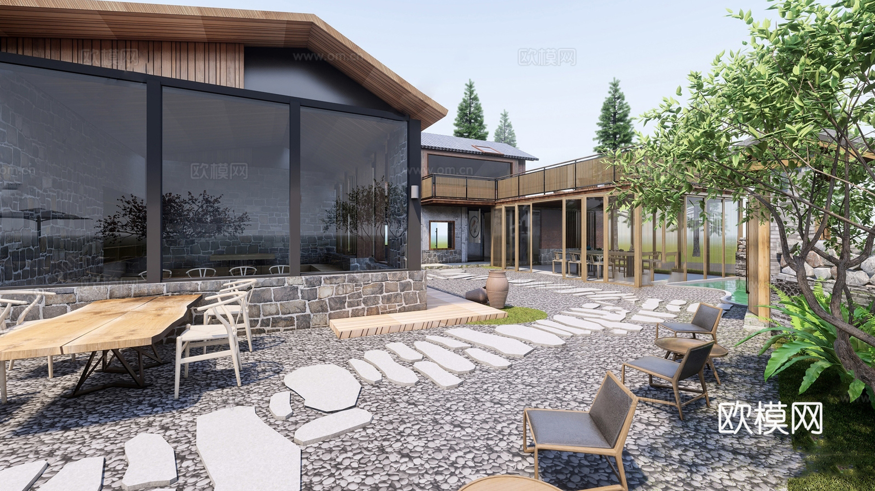 新中式乡村庭院  民宿庭院景观 农家乐 农家餐厅su模型