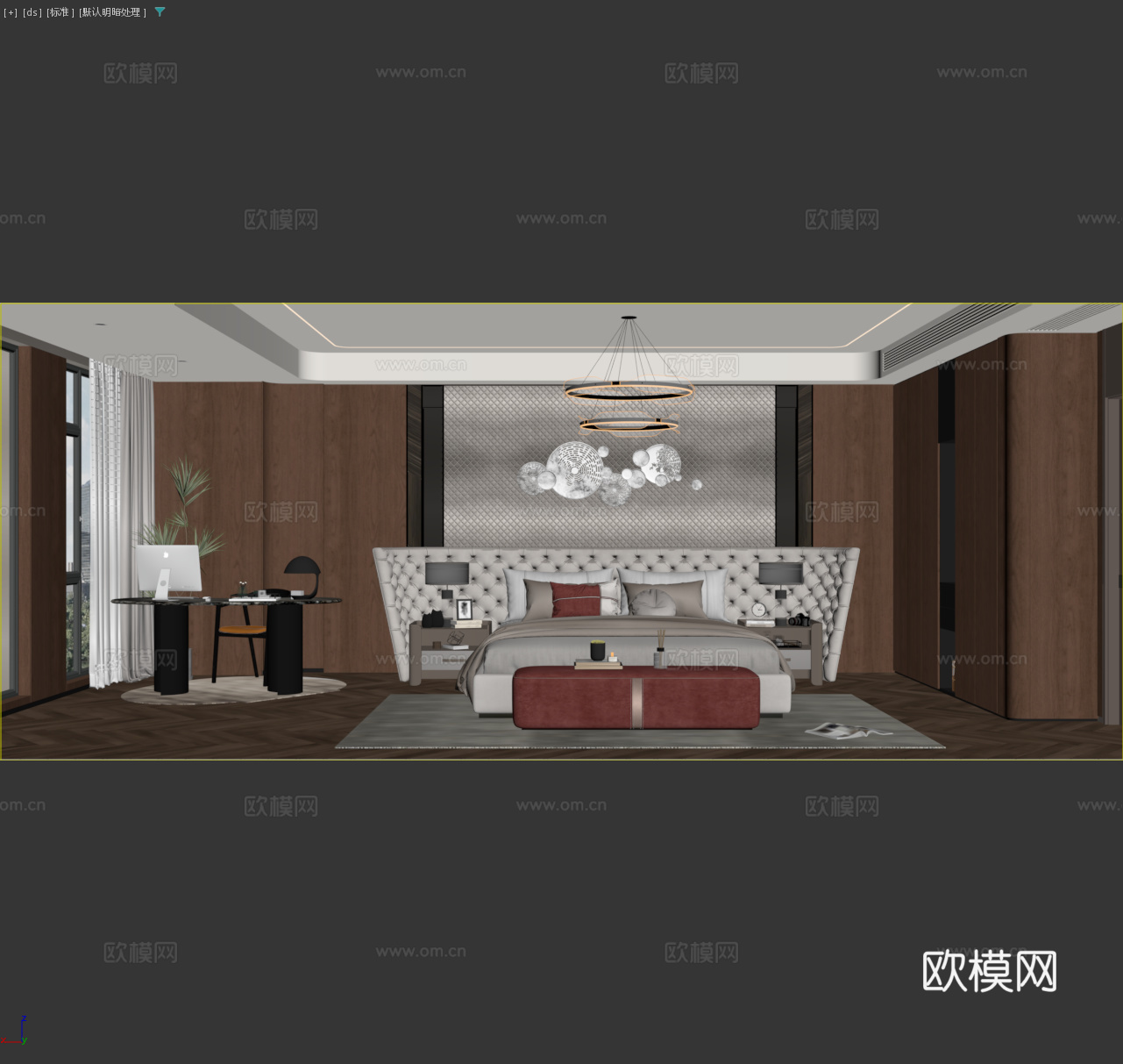 意式轻奢主卧床具 书桌椅轻奢墙饰 轻奢吊灯台灯地毯 意式别墅3d模型