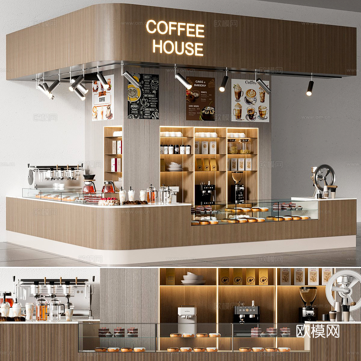 现代咖啡店 咖啡水吧台 蛋糕店 橱窗 咖啡机3d模型