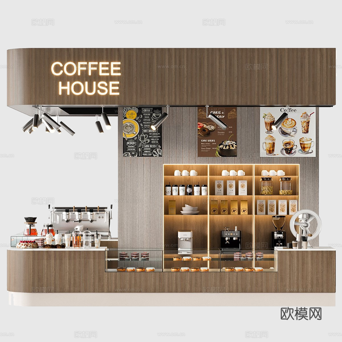 现代咖啡店 咖啡水吧台 蛋糕店 橱窗 咖啡机3d模型