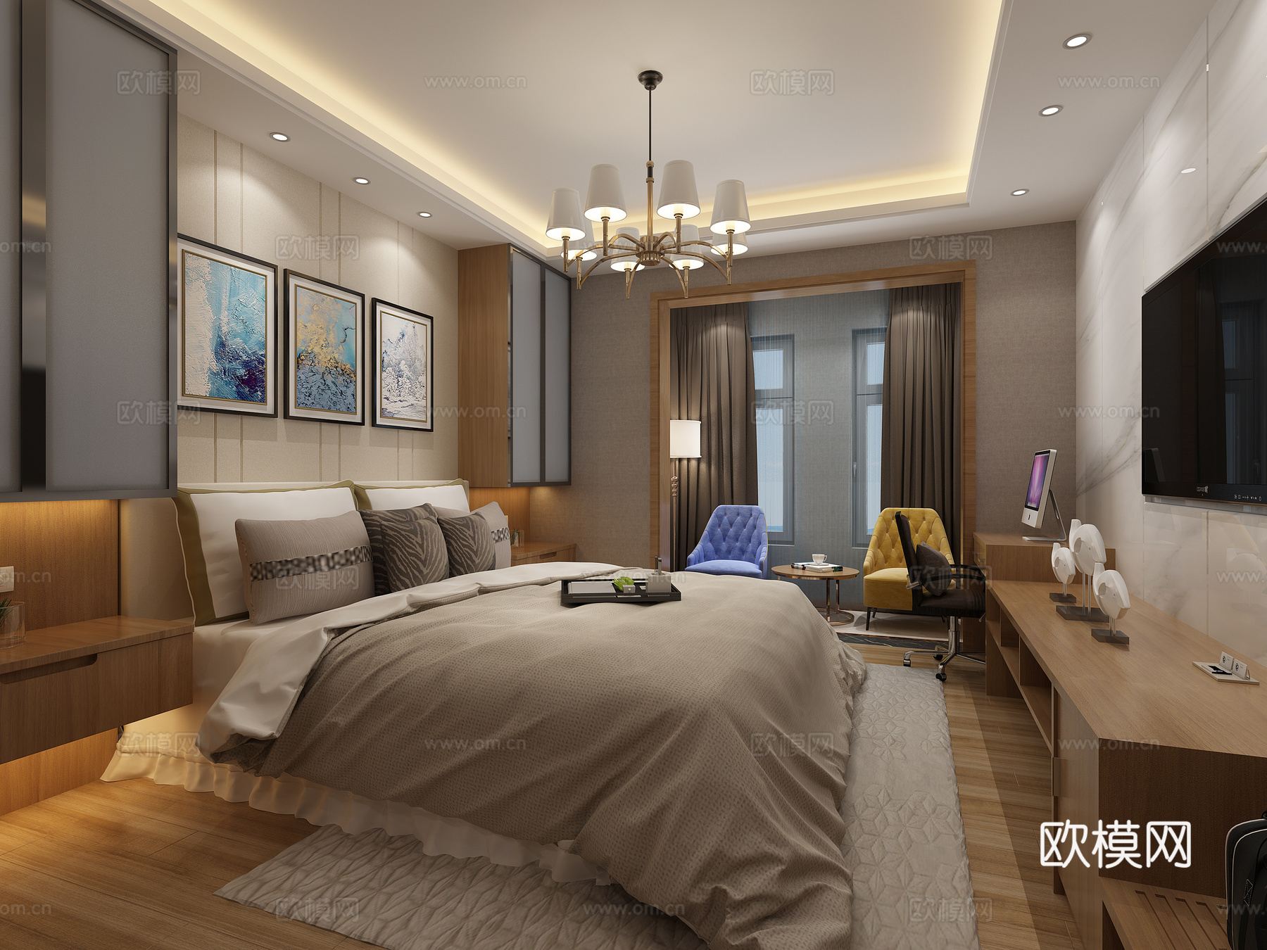 现代单身公寓 双人床 吊灯 挂画 床头柜 台灯 电视机3d模型
