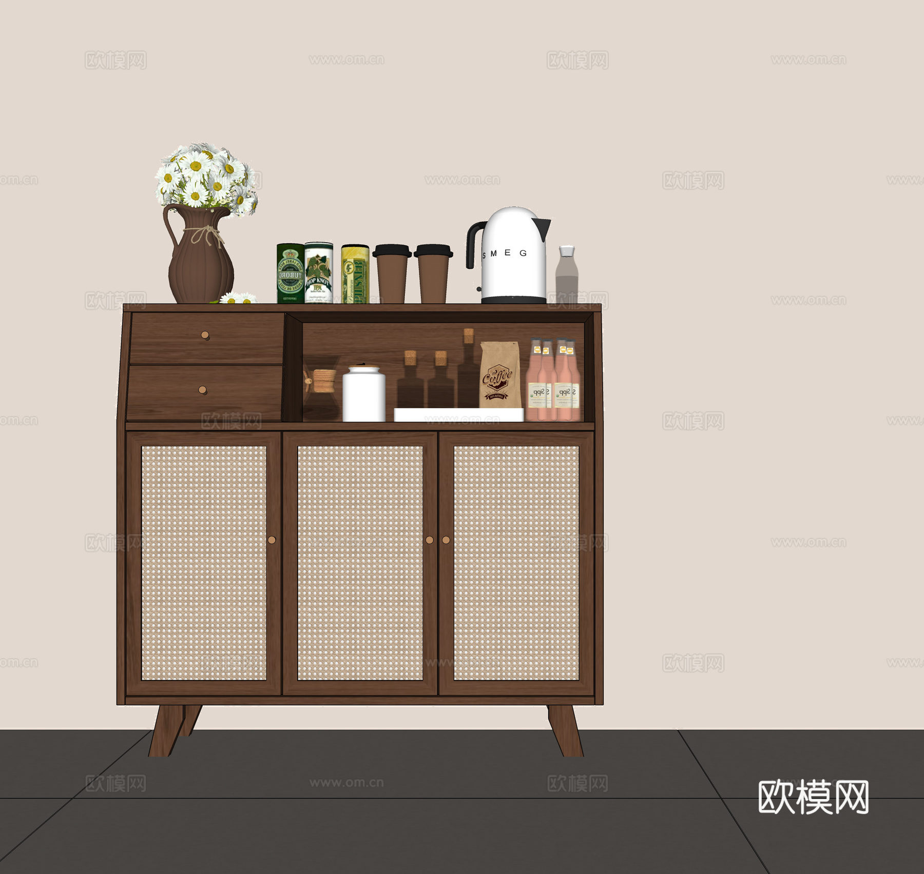 现代中古风餐边柜  酒柜餐边柜 成品餐边柜 藤编矮柜 茶水柜su模型