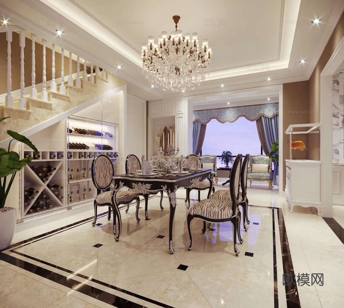 美式餐厅效果图 餐桌椅 挂画 物件摆件 吊灯 墙饰品3d模型
