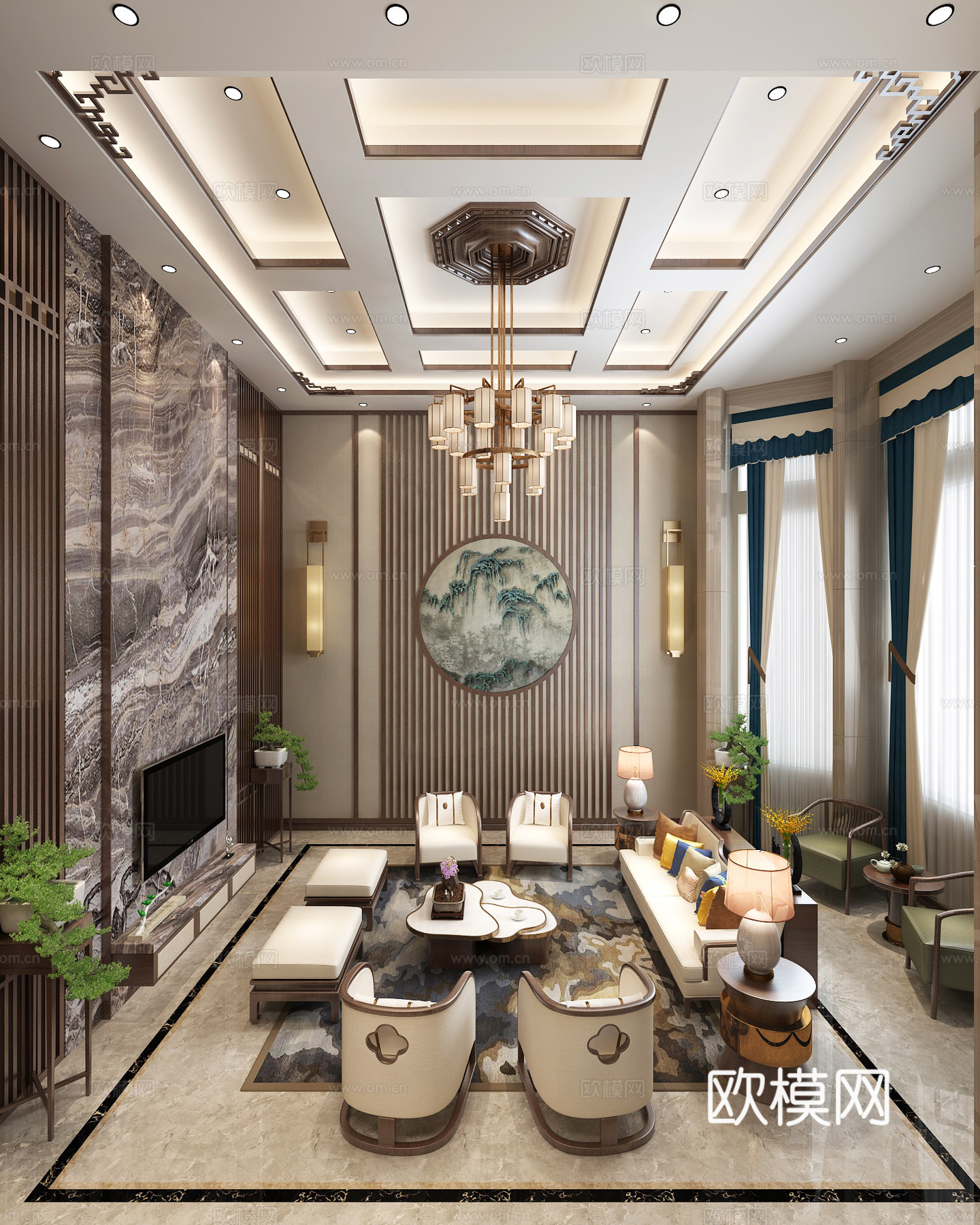 新中式复式客厅 吊灯 背景墙 挂画 沙发 茶几 电视柜3d模型