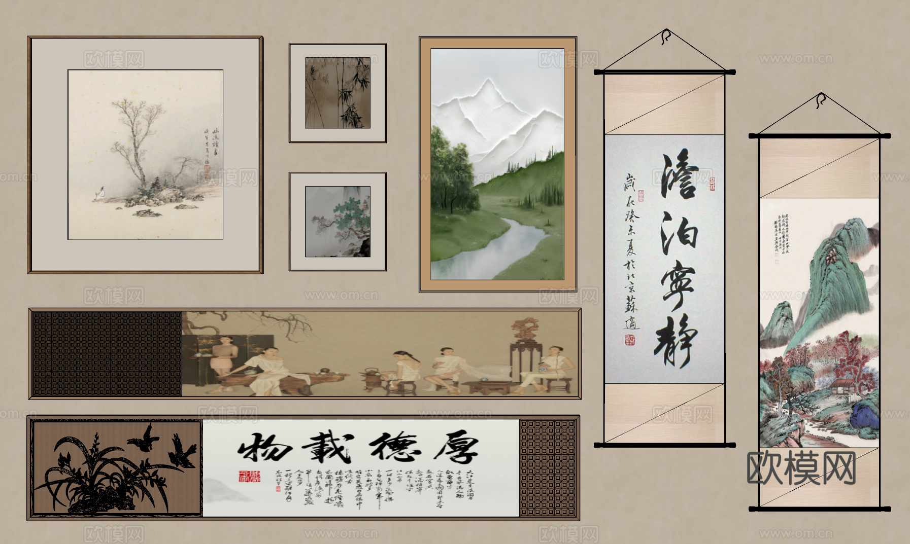 新中式挂画 宋氏中古风挂画 长条挂画 横向挂画 挂画组合su模型
