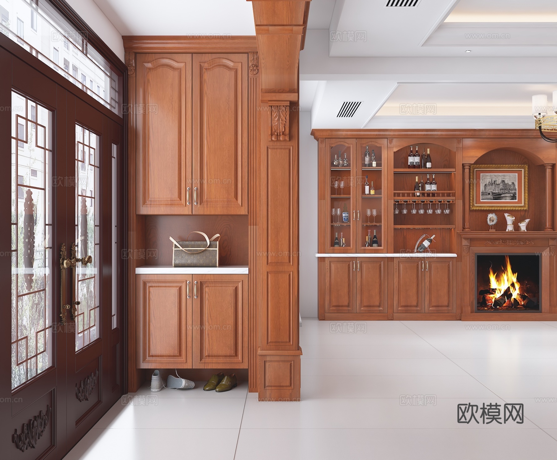 全屋定制 美式玄关背景墙 酒柜 雕花垭口 红橡木实木3d模型