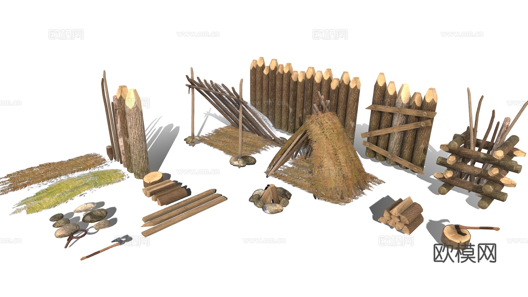 现代围栏护栏 围栏 木围栏 木柴 木桩 茅草3d模型