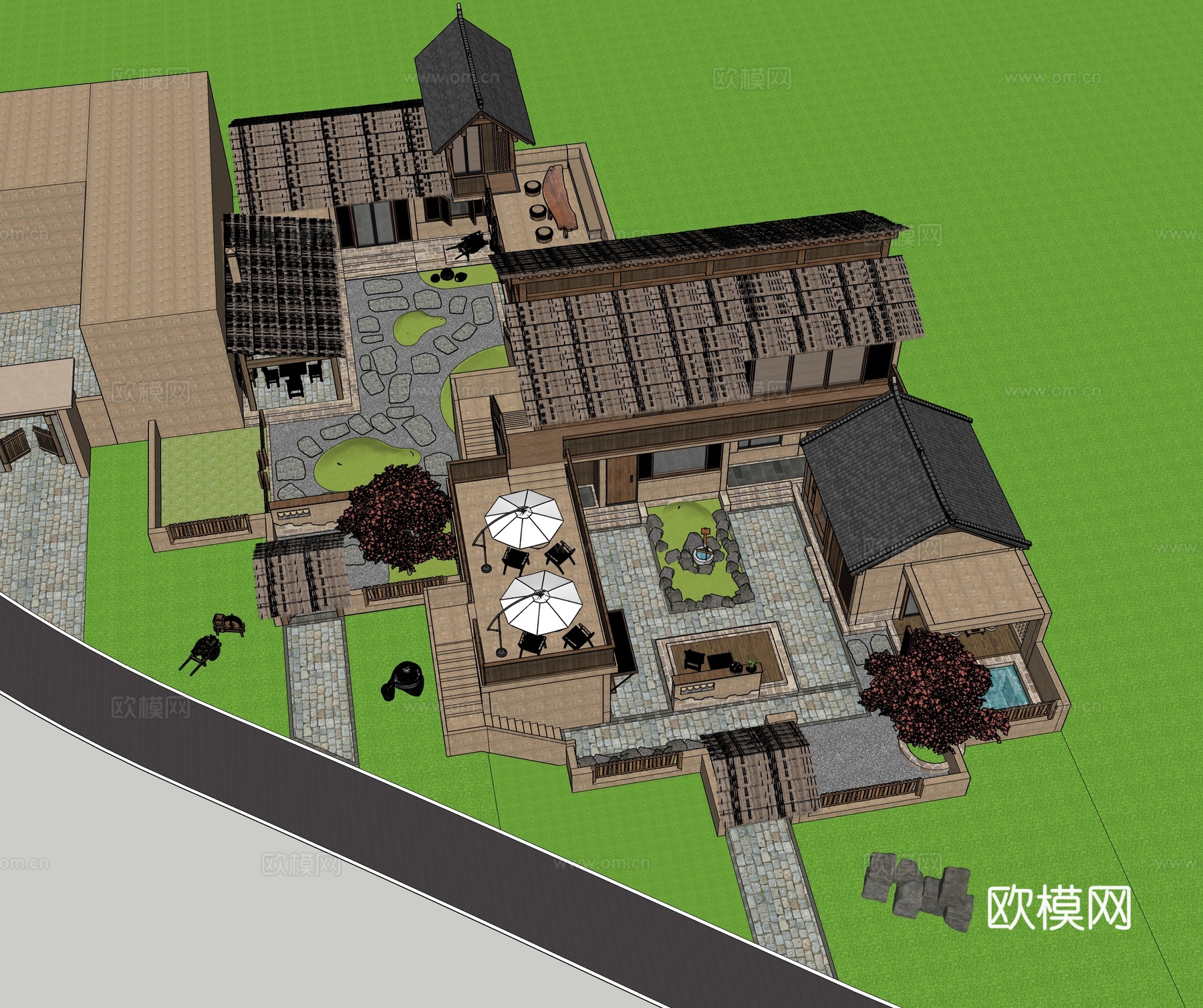 新中式乡村庭院  民宿庭院景观 农家乐 农家餐厅su模型