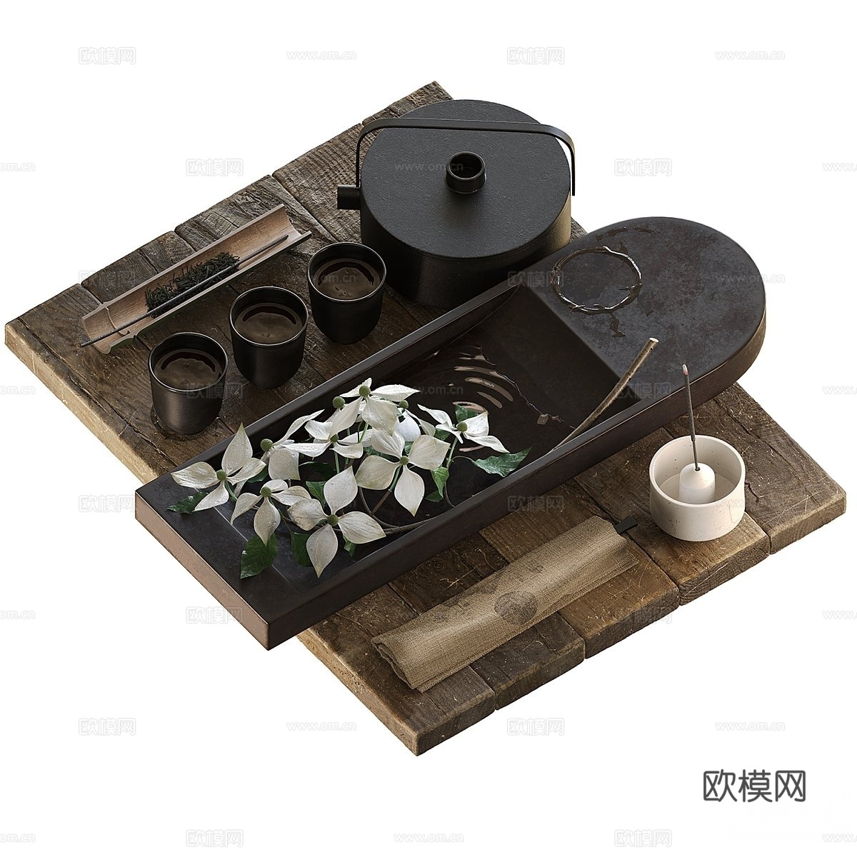 侘寂风茶具摆件 装饰摆件 花艺摆件 茶杯 茶壶3d模型