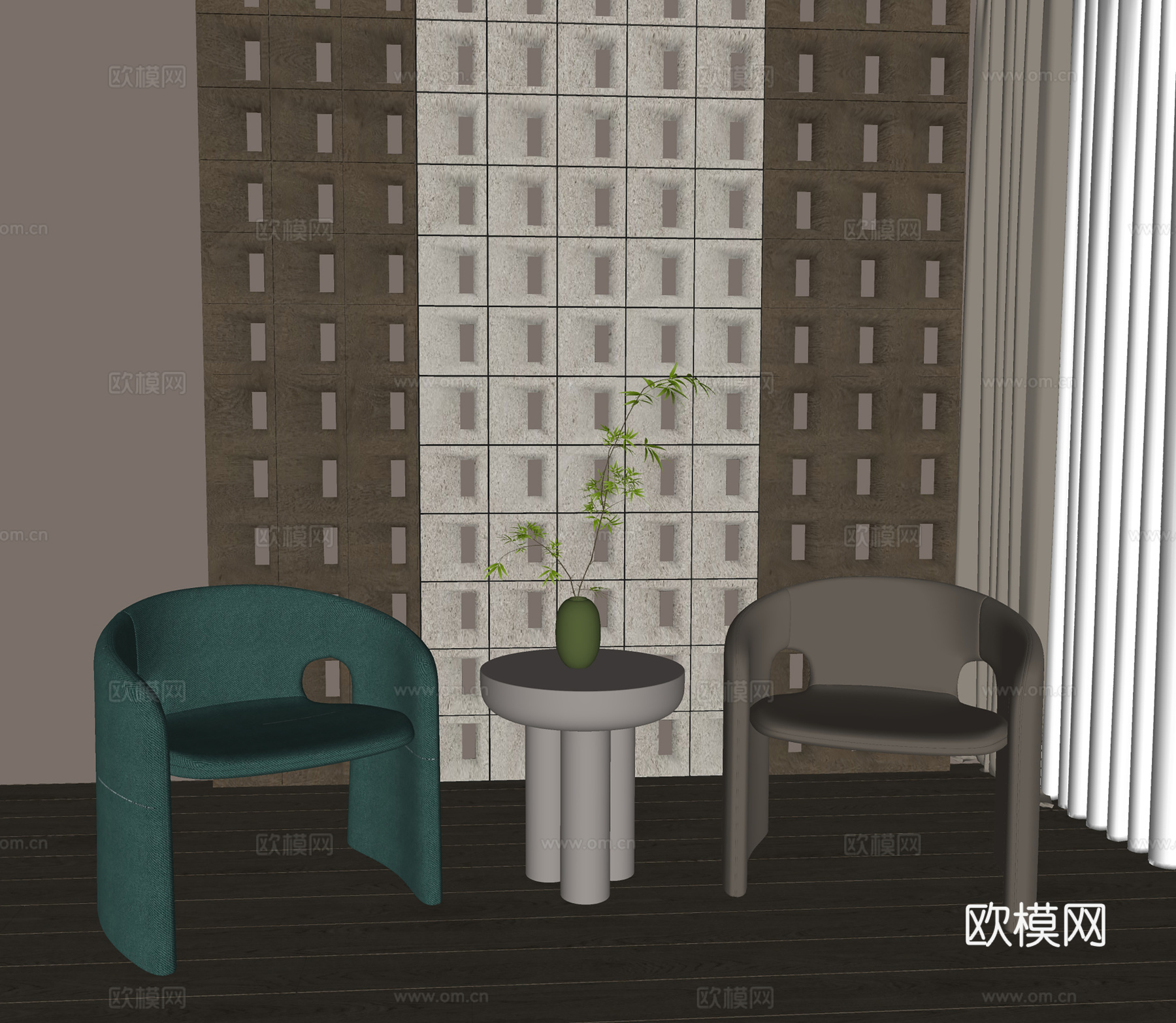 现代单椅 皮椅休闲椅 书椅 茶几su模型