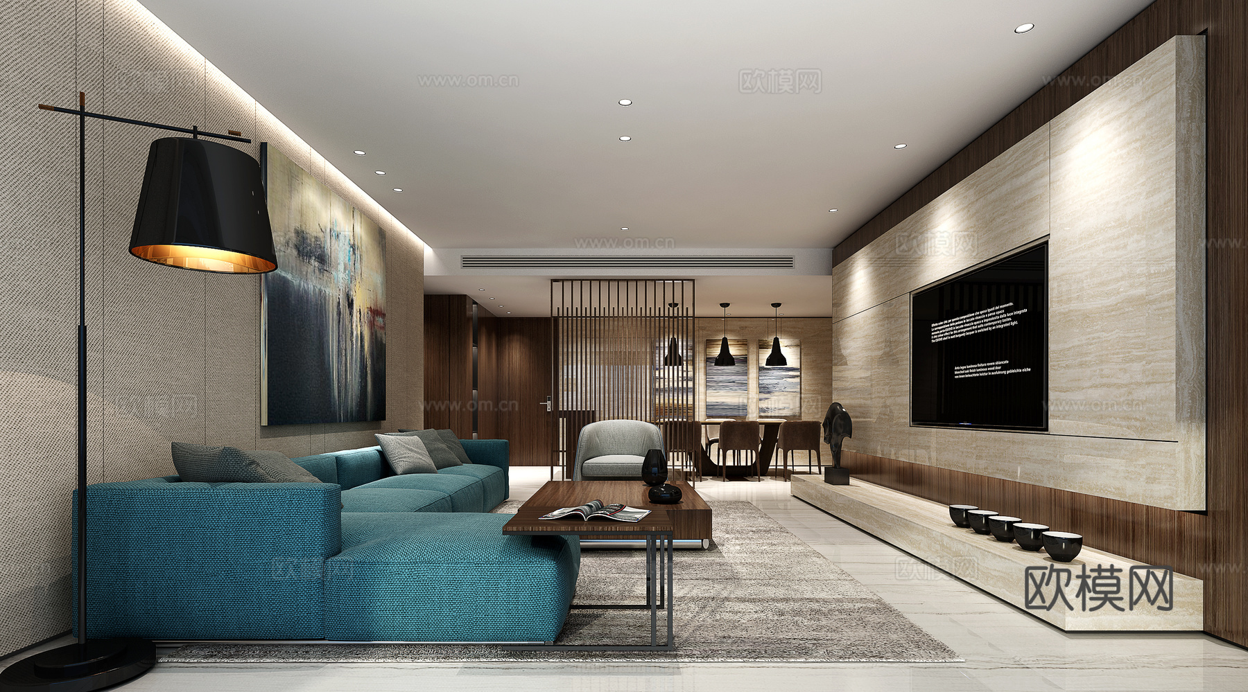 现代简约客厅 沙发组合 落地灯 样板房 餐桌3d模型