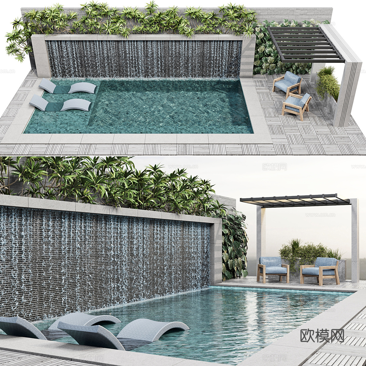 现代意式庭院景观 游泳池3d模型