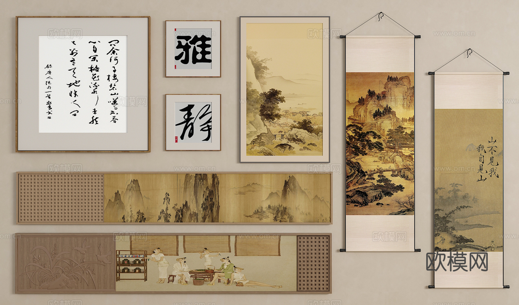 新中式挂画 宋氏中古风挂画 长条挂画 横向挂画 挂画组合3d模型