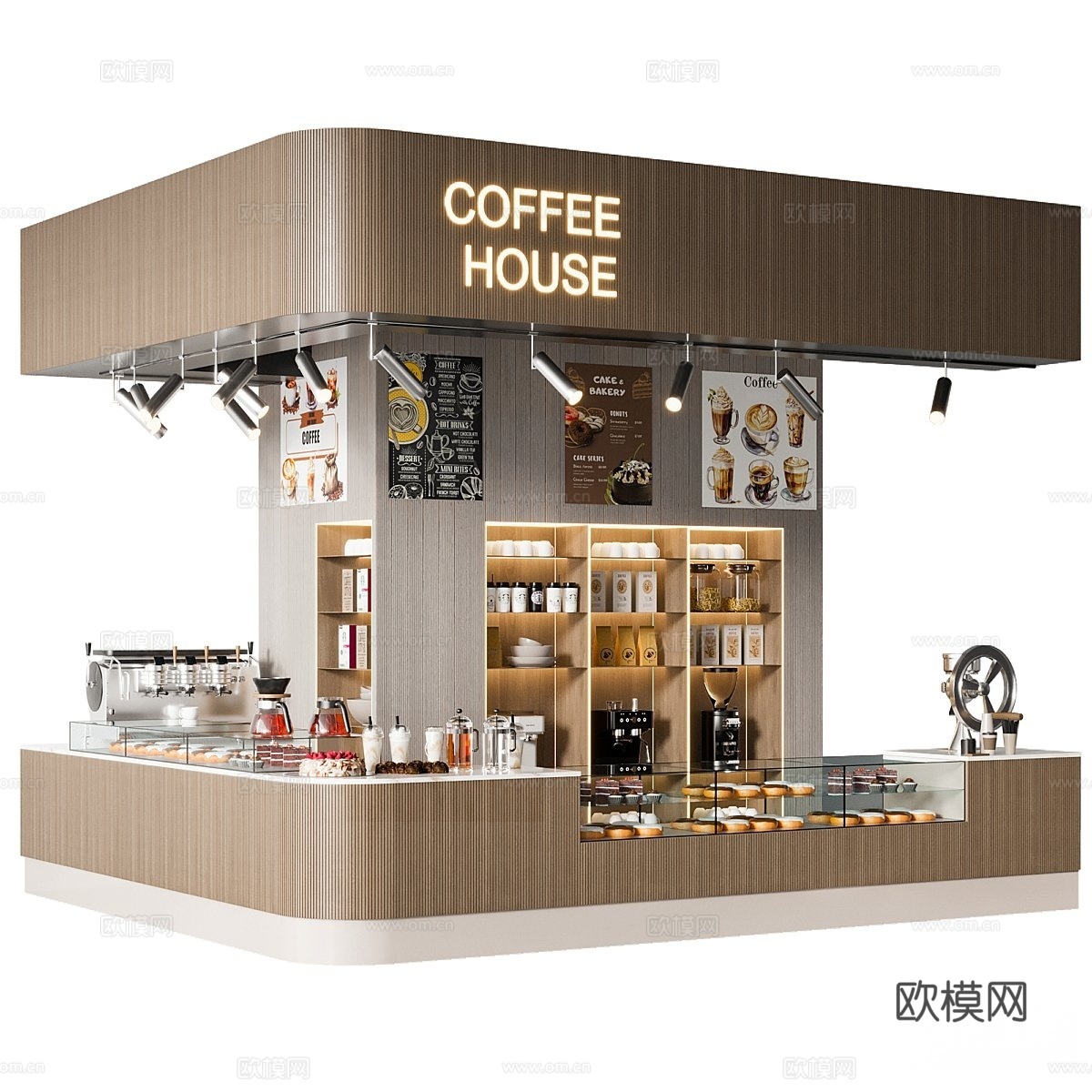 现代咖啡店 咖啡水吧台 蛋糕店 橱窗 咖啡机3d模型