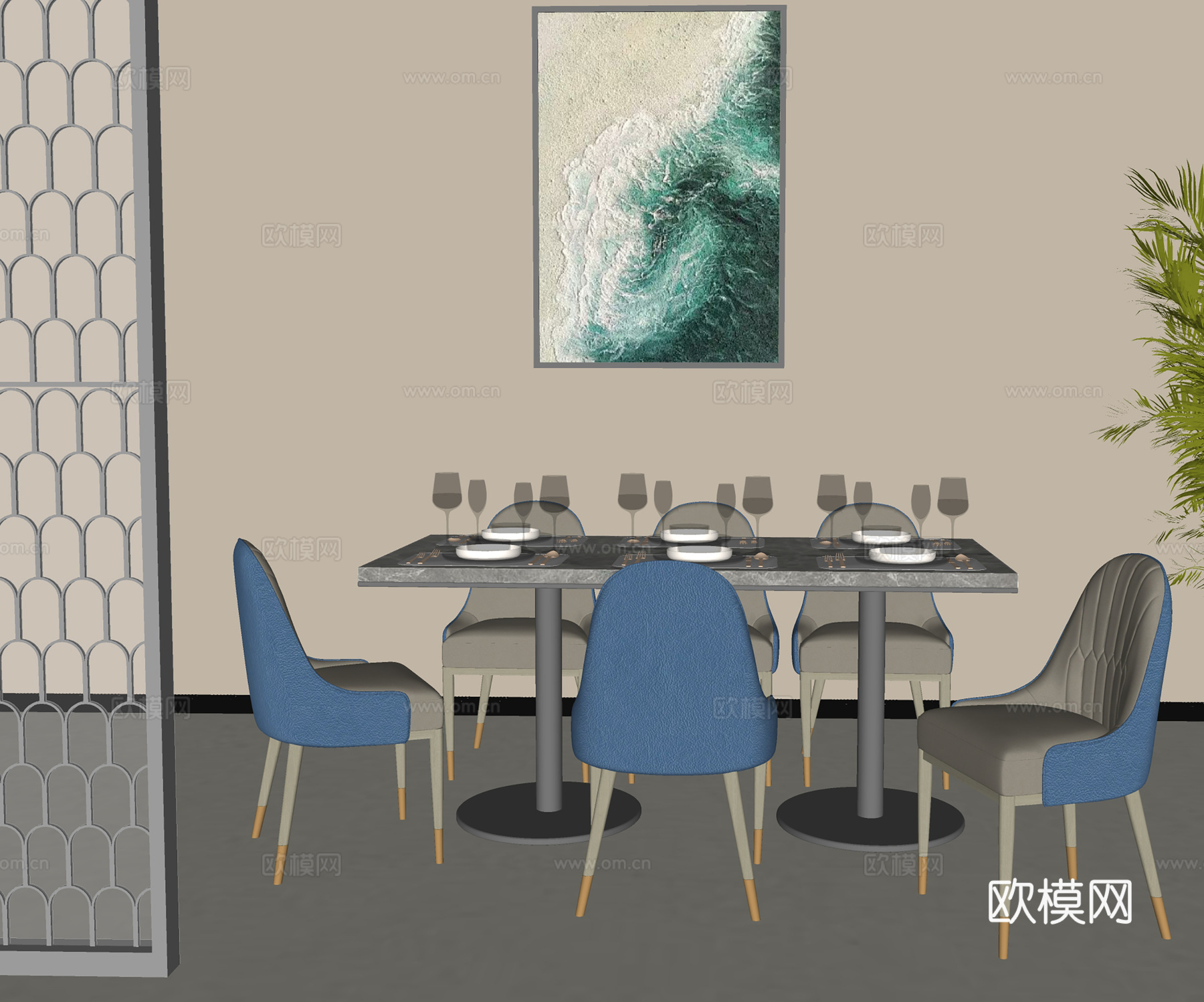 现代餐桌椅 皮椅办公椅 餐具su模型