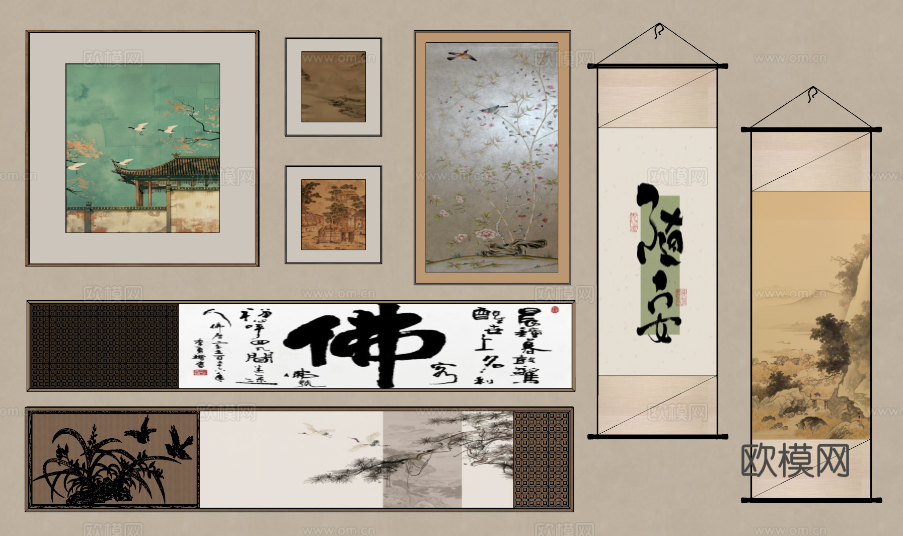 新中式挂画 宋氏中古风挂画 长条挂画 横向挂画 挂画组合su模型