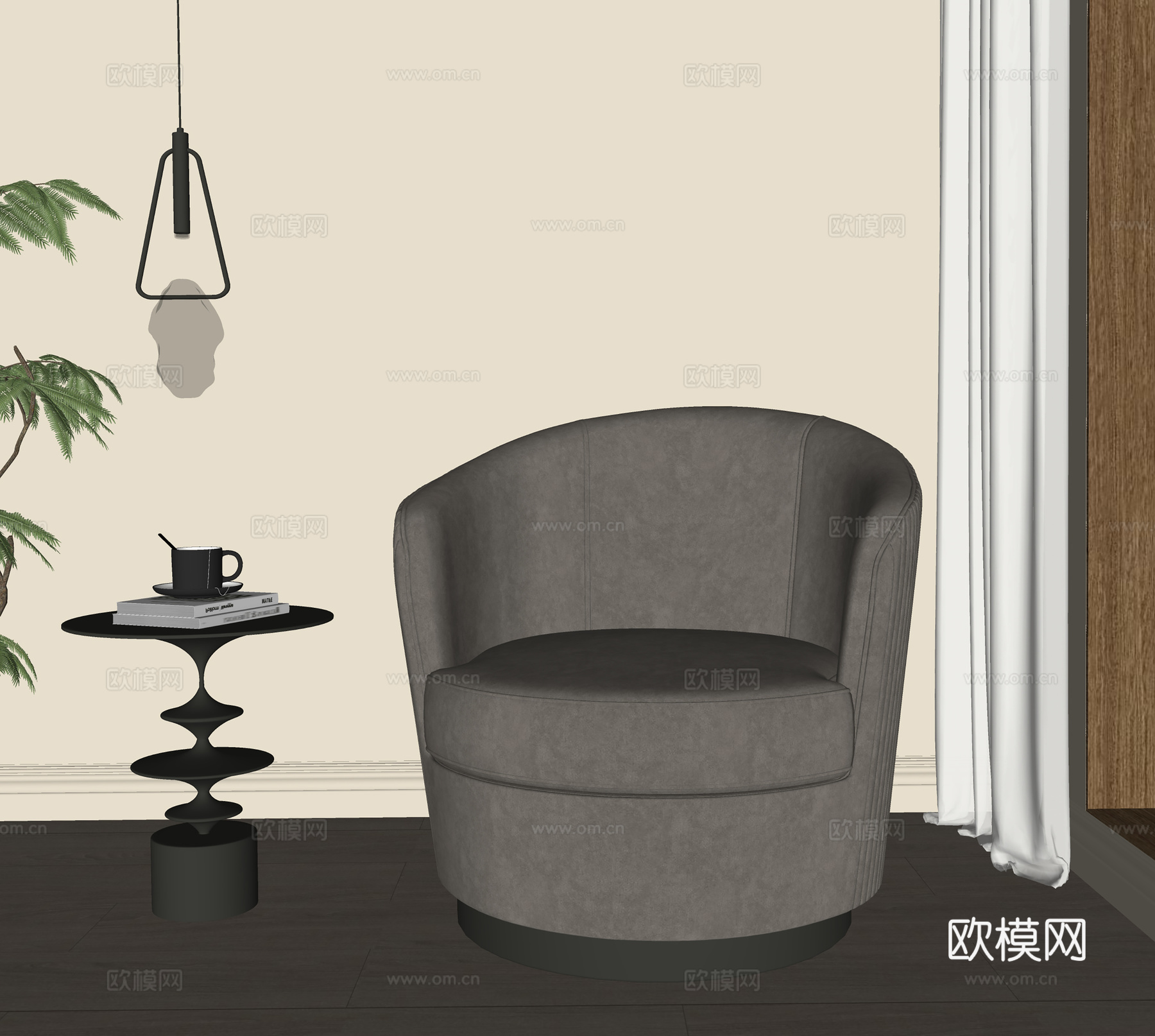 现代单人沙发  布艺沙发 茶几吊灯su模型