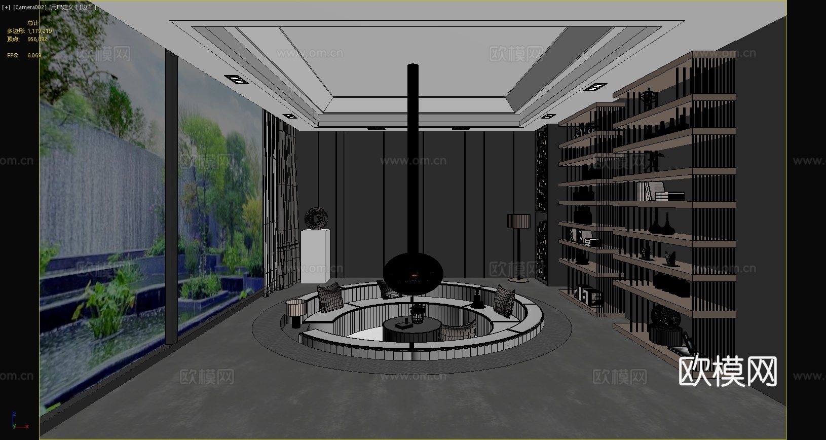 现代客厅后现代会客区摆件落地灯壁炉圆形沙发装饰柜3d模型