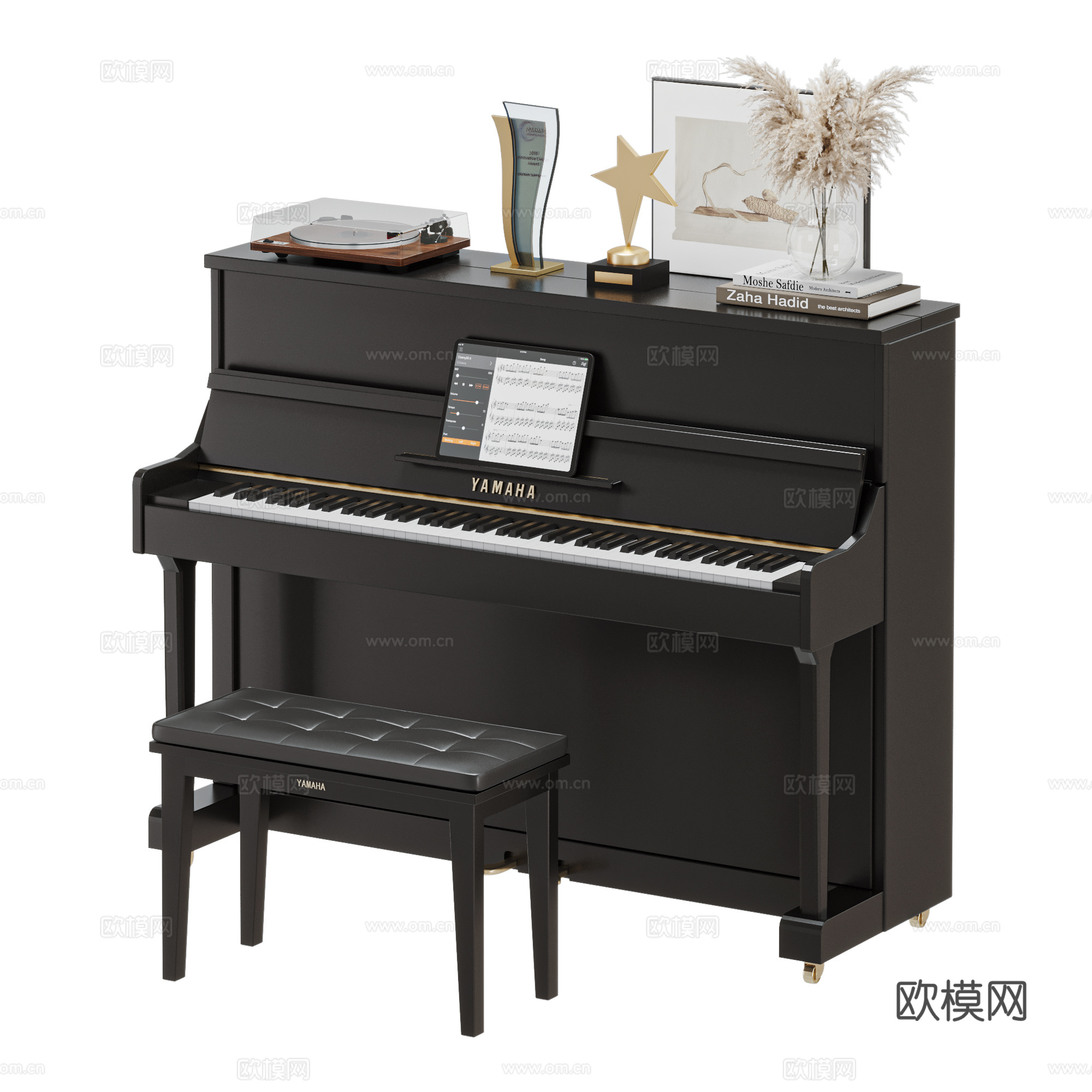 现代钢琴 奖杯 摆件组合 唱片机 YAMAHAsu模型