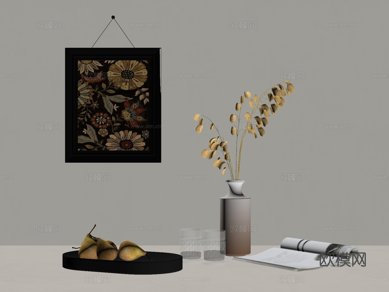 摆件 法式复古风水果托盘 花瓶花艺 装饰挂画su模型