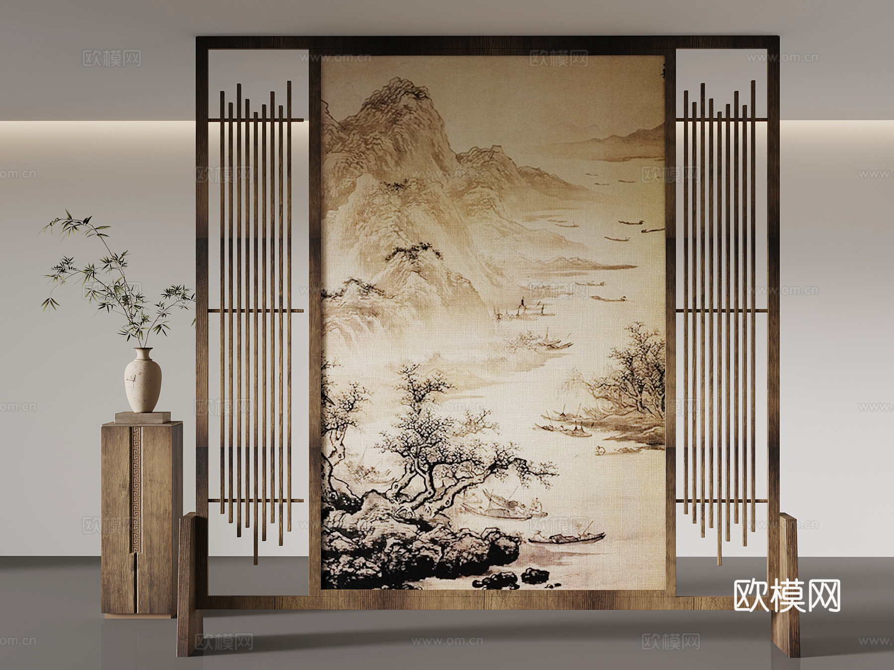 新中式侘寂屏风隔断 花瓶su模型