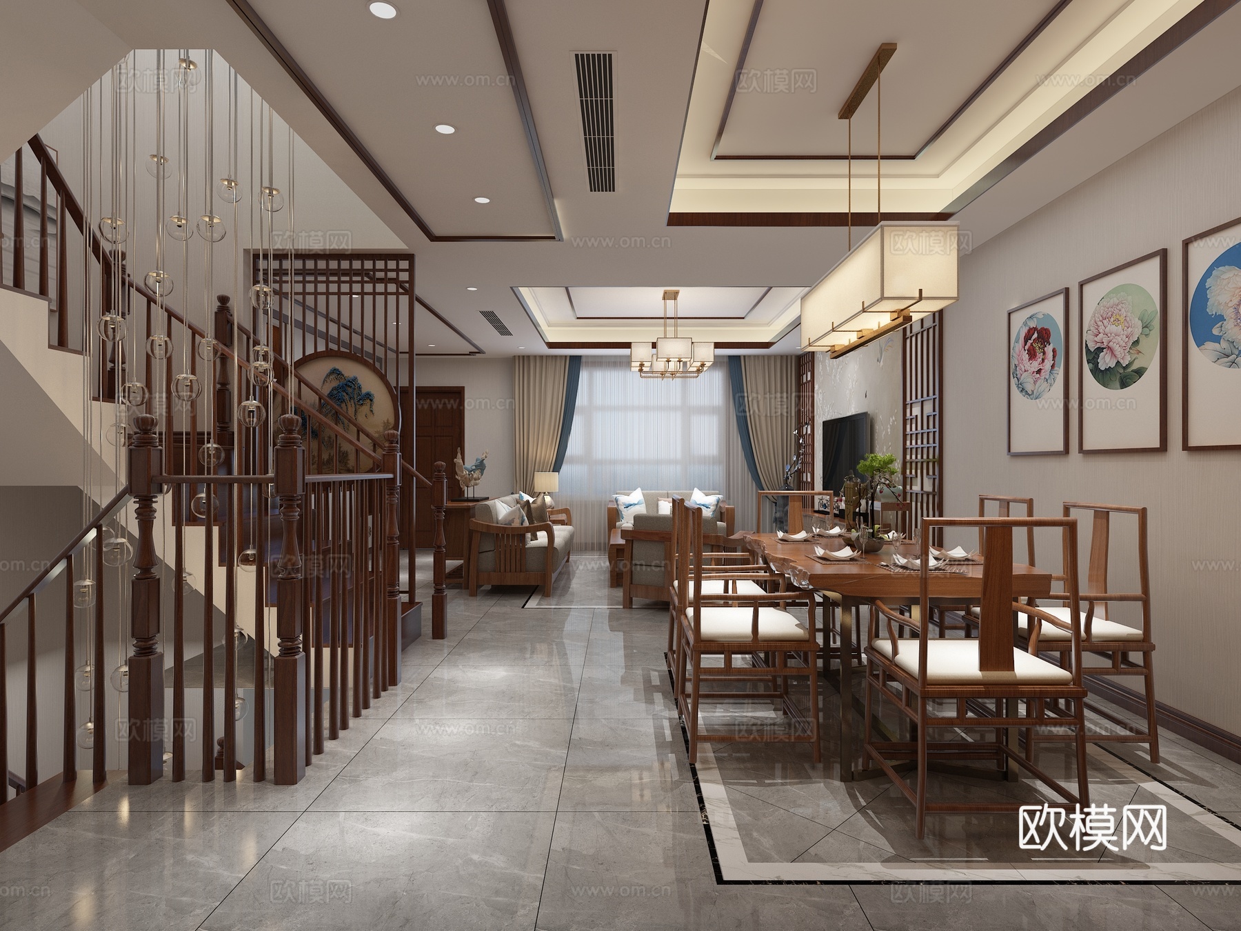 新中式客厅  沙发 装饰画 吊灯装饰品 植物 电视柜 餐3d模型