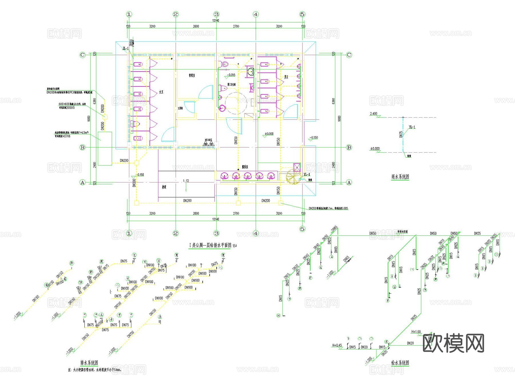 景区标准一类I类 卫生间 公厕 建筑结构水电装修暖通全套施工cad施工图