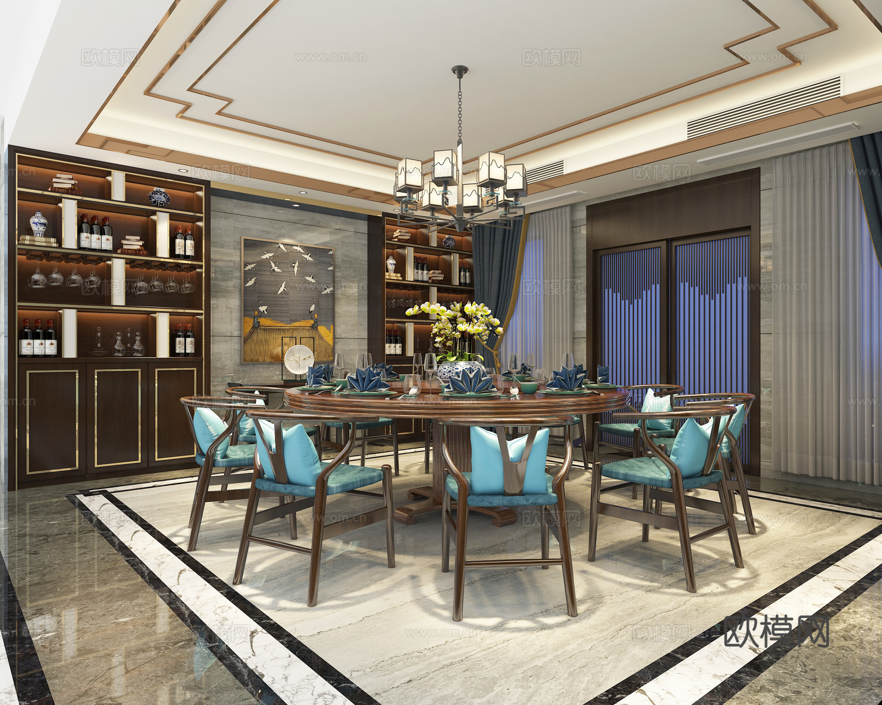 新中式餐厅 吊灯餐桌椅 书柜 壁画3d模型