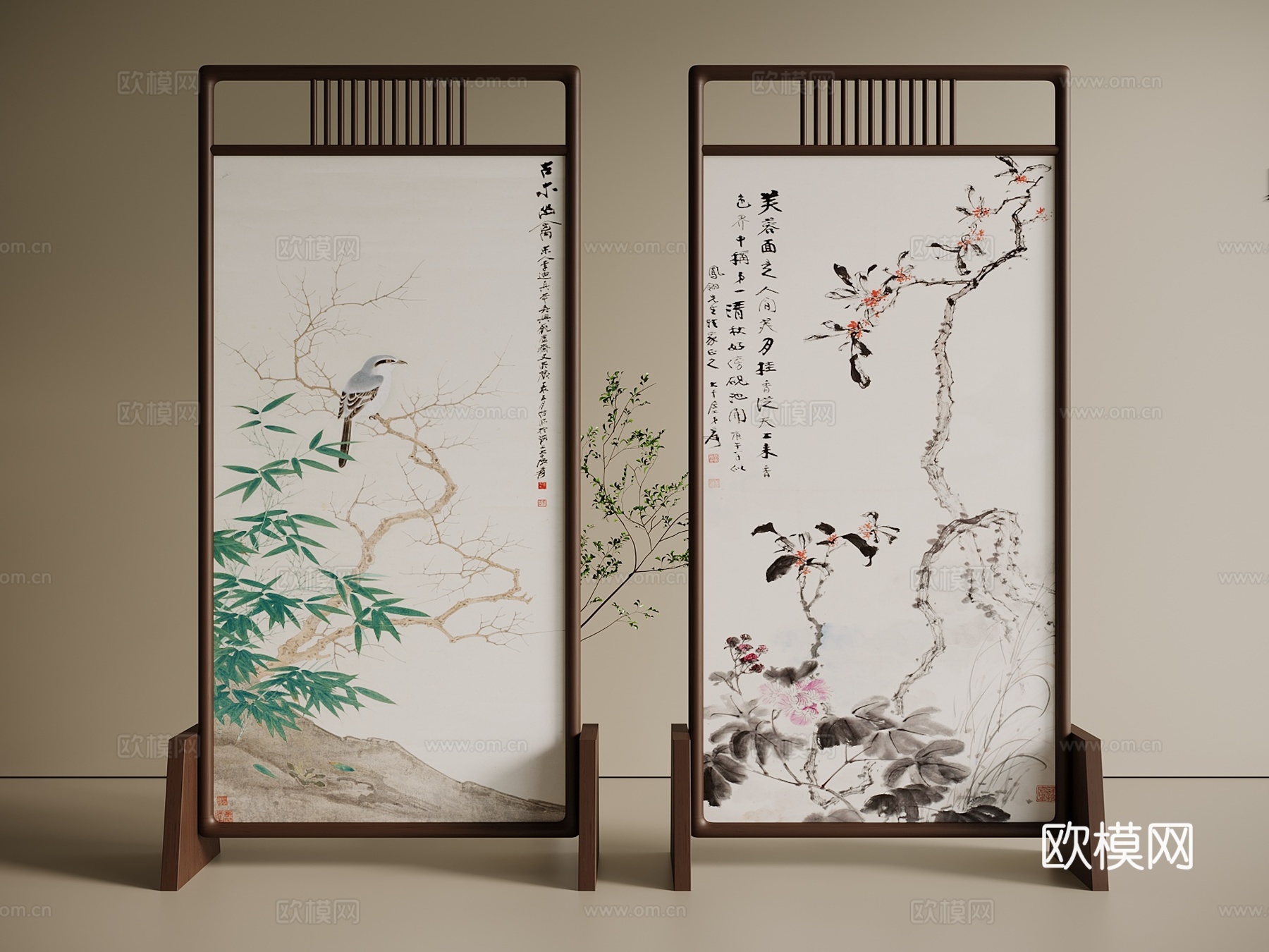 新中式 中古 屏风 木屏风 布艺屏风 隔断3d模型