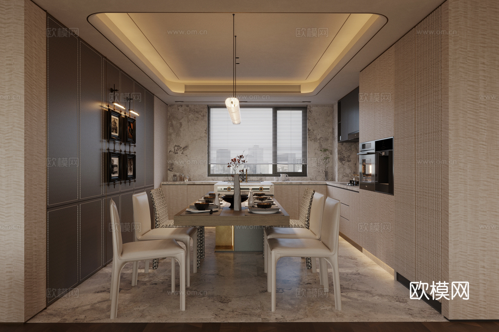 轻奢意式岛台餐厅 开放式餐厅 厨房餐厅 餐厨一体 大理石岛台3d模型