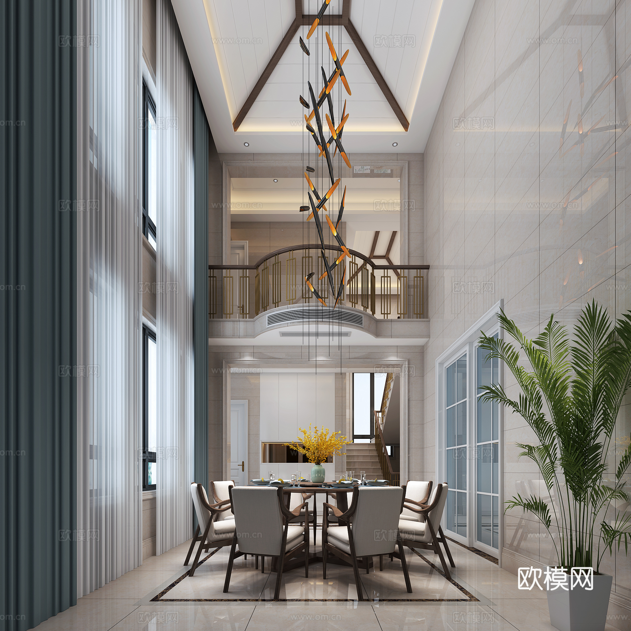 后现代餐厅 餐桌 植物 柜子 窗帘 楼梯 吊灯 栏杆 扶手3d模型