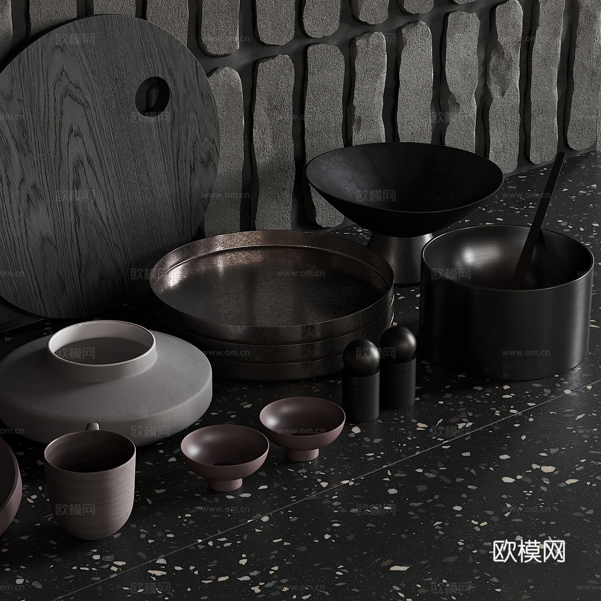 现代意式暗黑风厨房用品3d模型