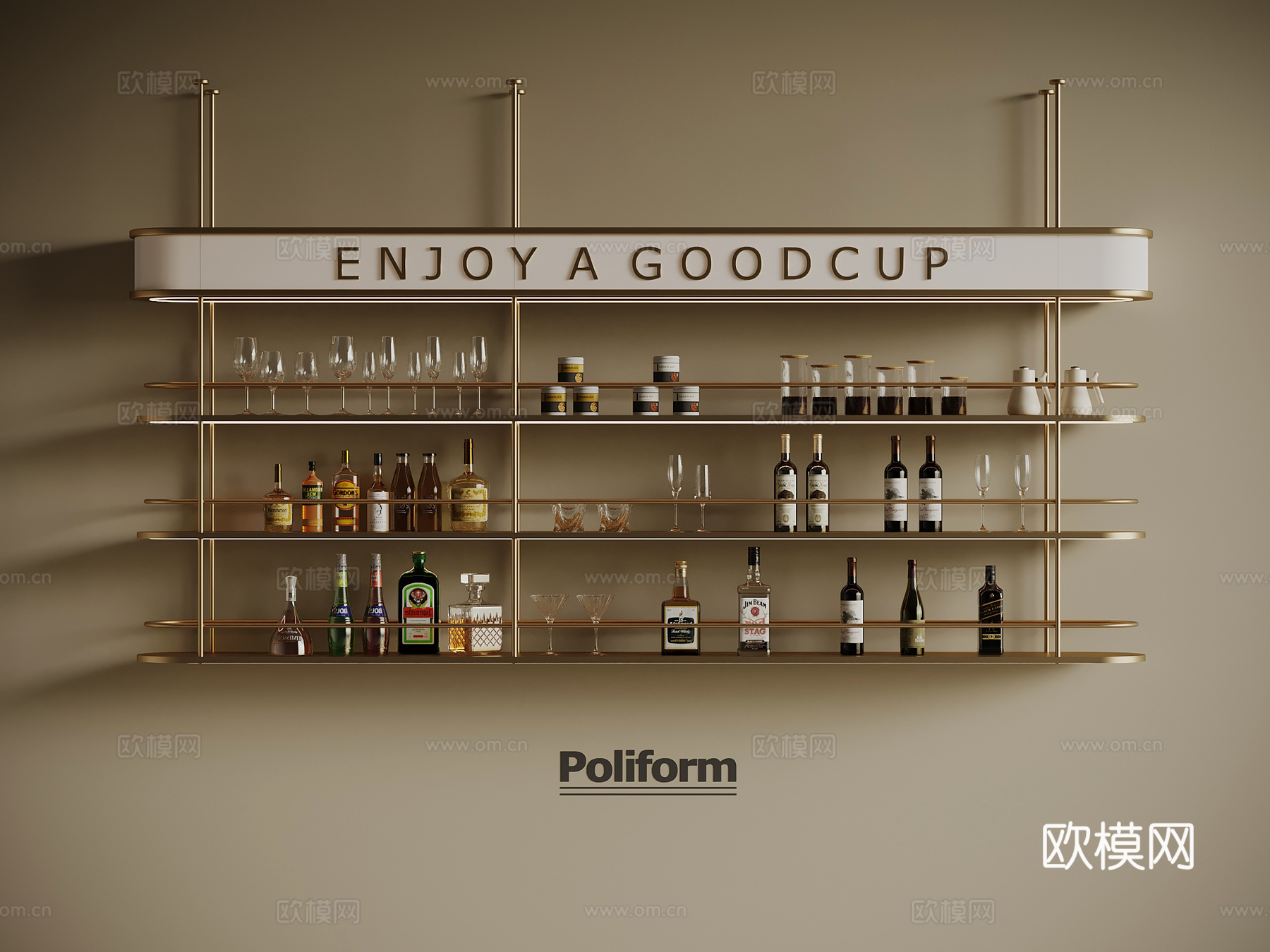 现代酒架 酒瓶 酒杯3d模型